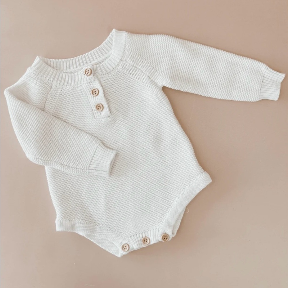 Blossom and Pear Cozy White Knit Baby One Piece